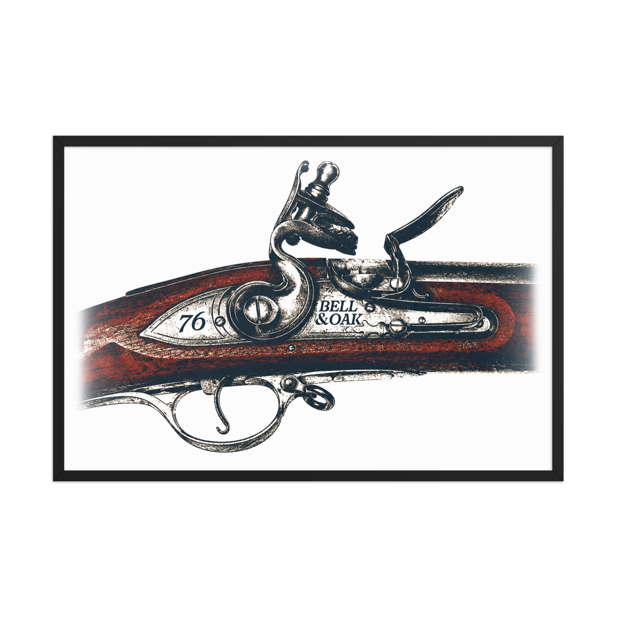 A framed art print featuring a close-up historical photograph of a flintlock pistol's lock mechanism, with engraved text reading '76' and 'BELL & OAK'. The print is presented in a white mat within a thin black frame against a solid white background.