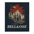 Soft throw blanket featuring artwork inspired by the Battle of the Alamo and the enduring spirit of American courage and heritage.