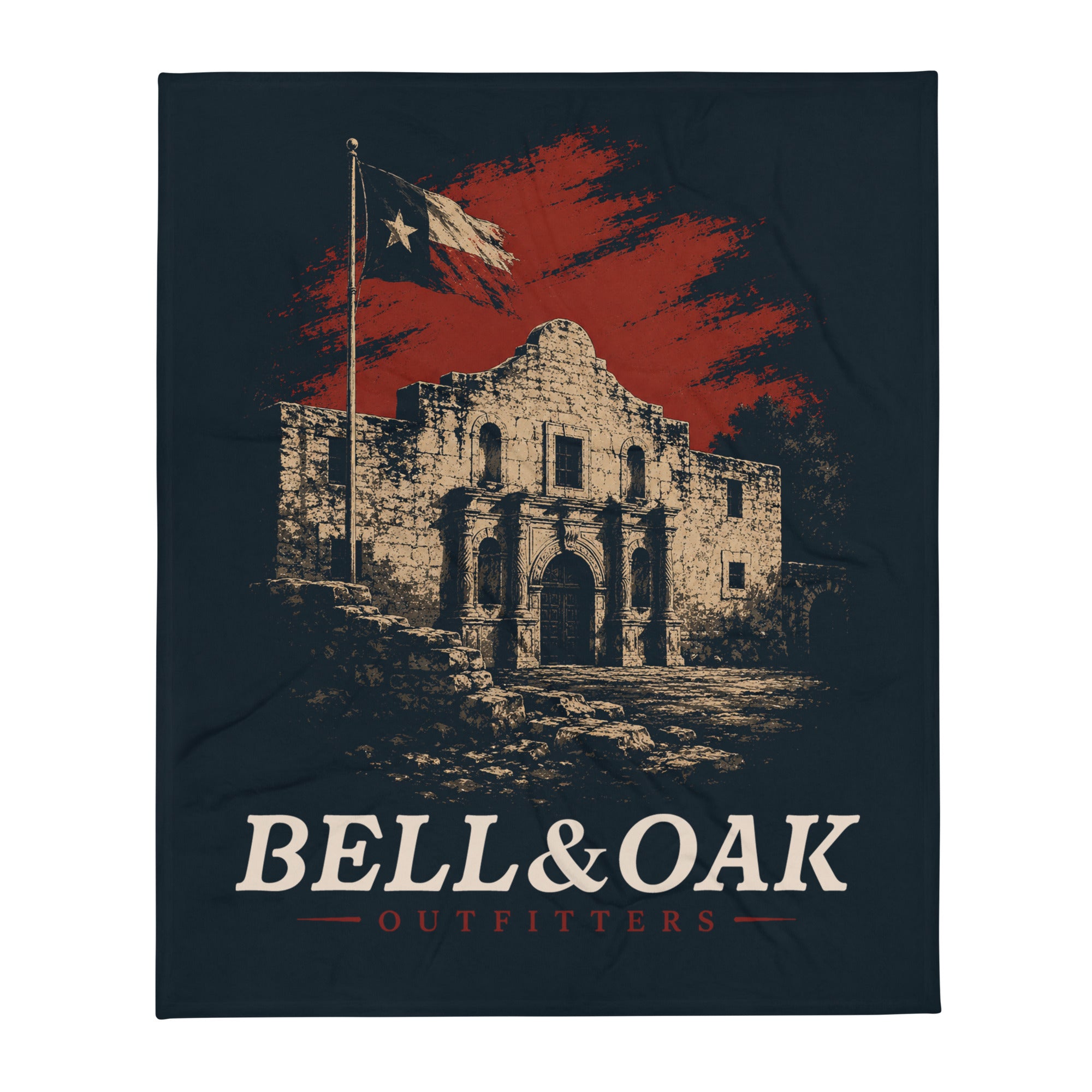 Soft throw blanket featuring artwork inspired by the Battle of the Alamo and the enduring spirit of American courage and heritage.