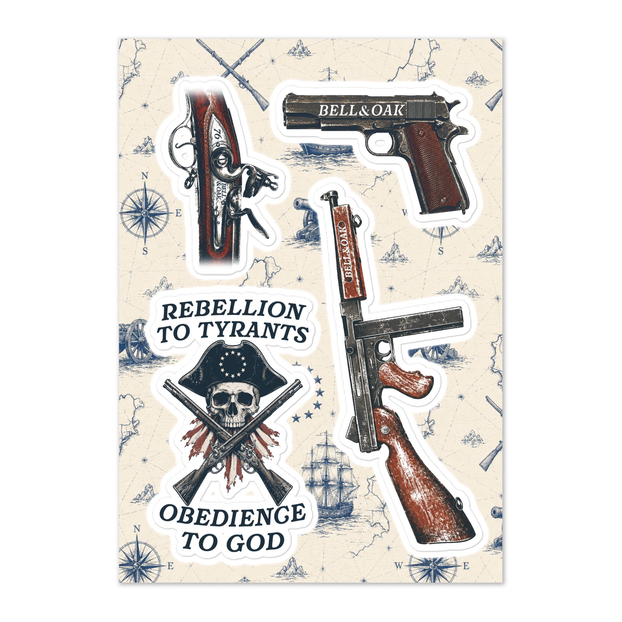 Sticker sheet featuring a Brown Bess musket, Thompson submachine gun, M1911 pistol, and American heritage artwork inspired by liberty and history