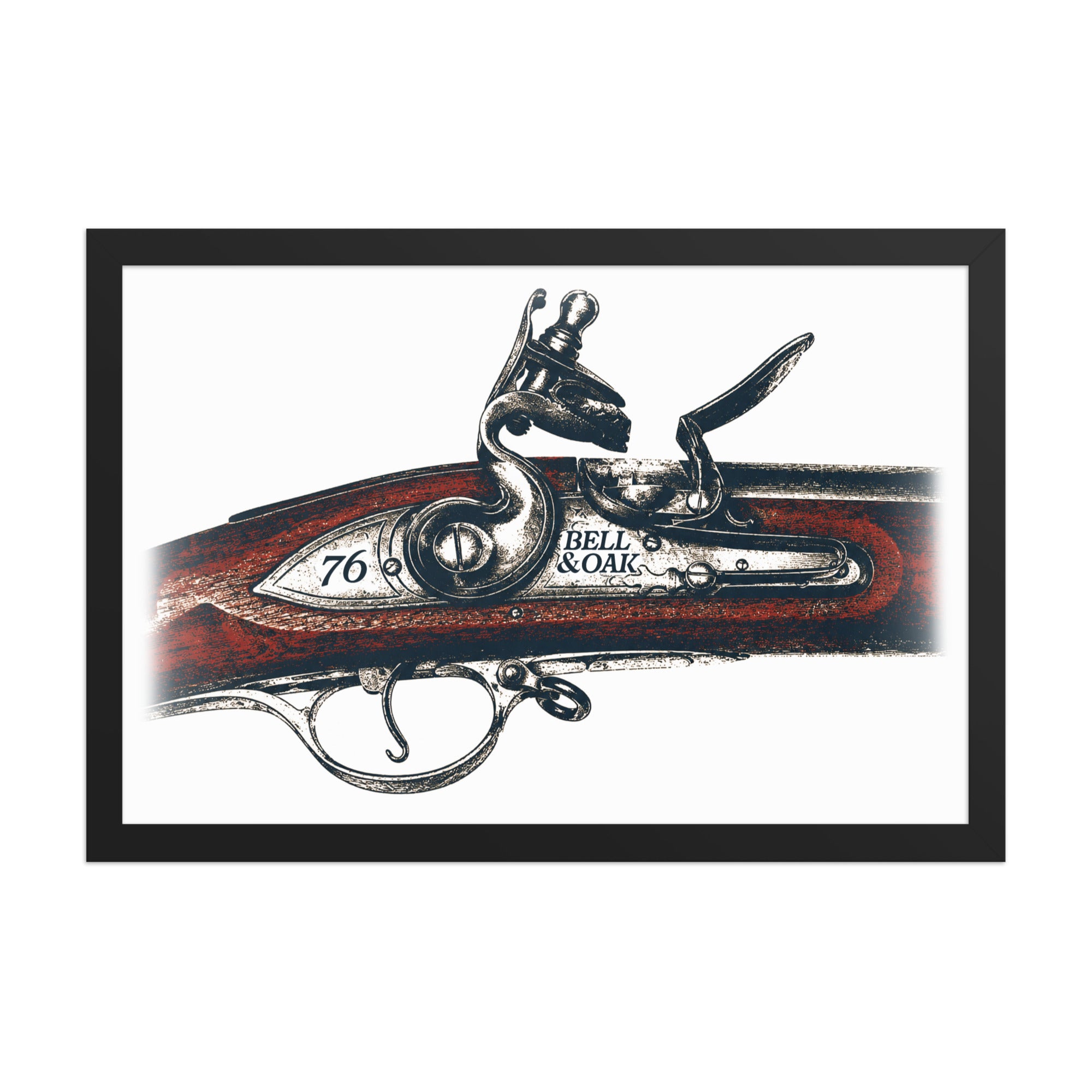 Framed poster featuring the British Brown Bess musket with vintage Revolutionary War and American heritage artwork