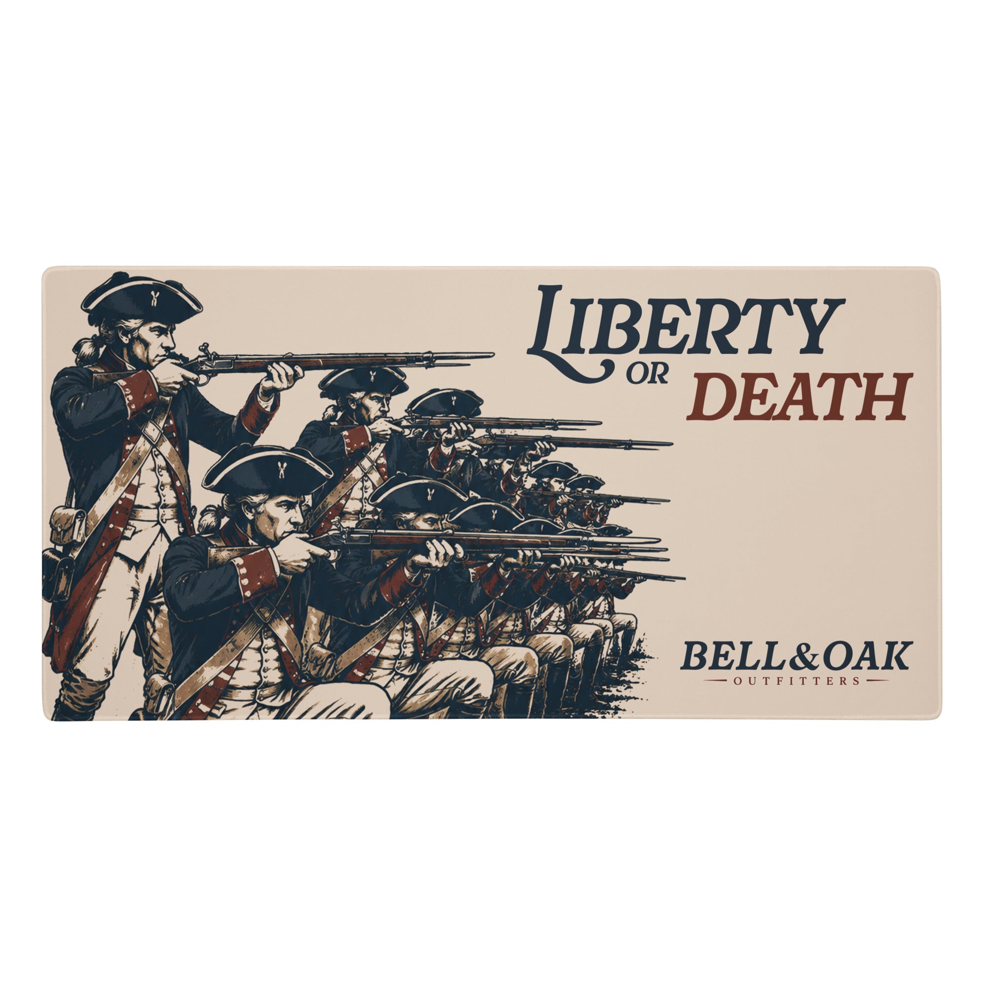 Desk mat featuring colonial American riflemen and the phrase "Liberty or Death" with Revolutionary War heritage artwork