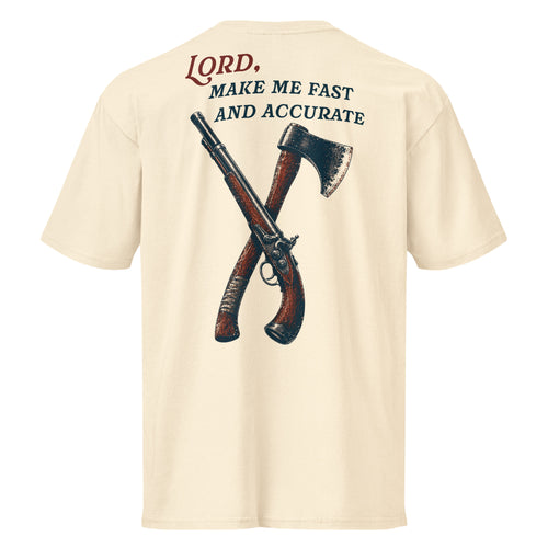 Graphic t-shirt featuring the musket and hatchet inspired American heritage artwork.
