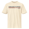 Graphic t-shirt featuring the phrase "Rebellion to Tyrants Is Obedience to God" in a timeless American heritage design