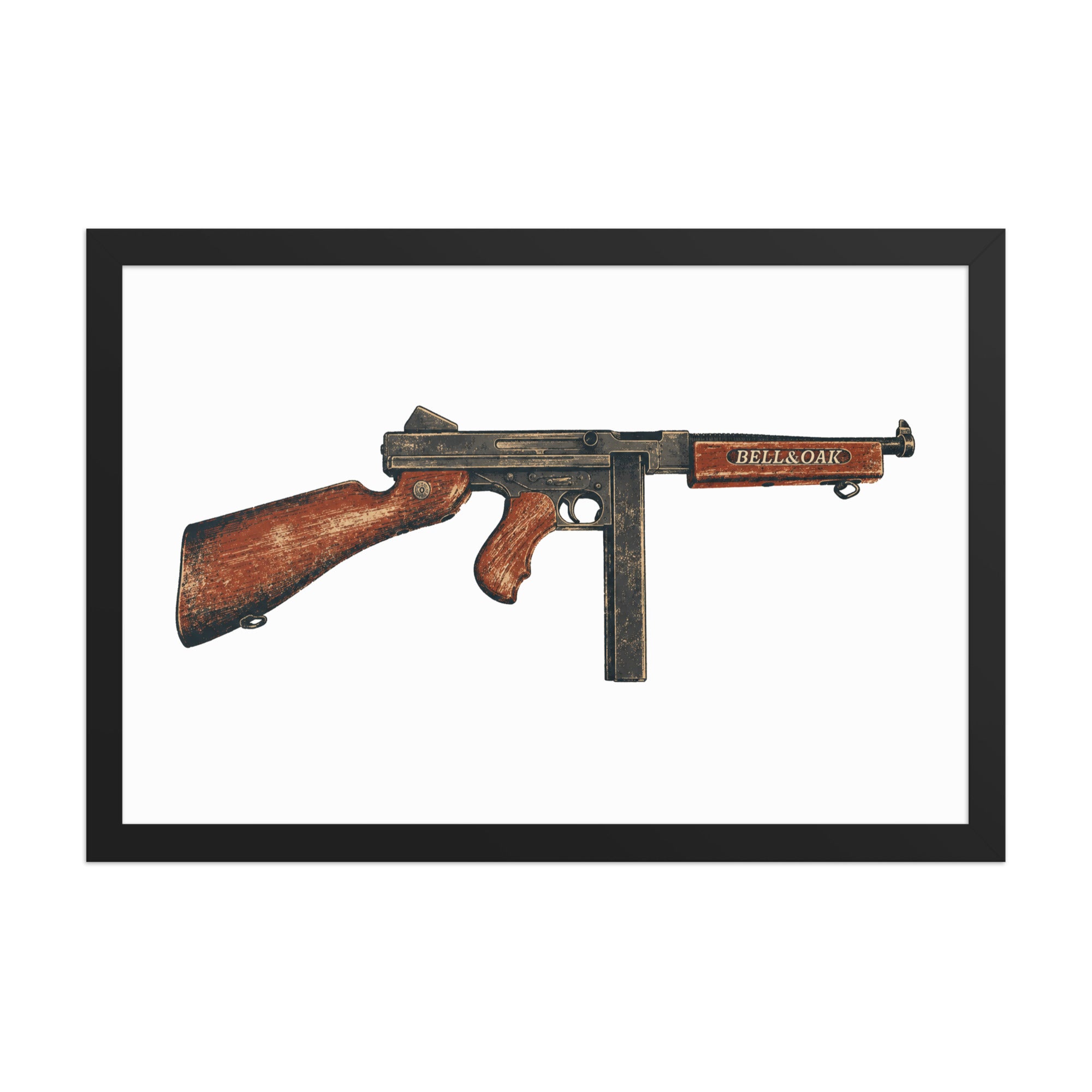 framed poster featuring a Thompson submachine gun with vintage American World War II military heritage artwork